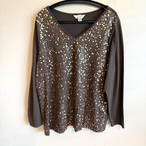 CJ Banks Womens Sz 1X Brown Sequin Long Sleeve Top Blouse Holiday Festive Party